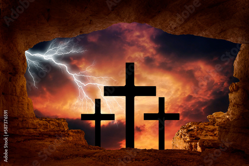 Wallpaper Mural three crosses and dramatic stormy sky, Jesus Christ crucifixion concept