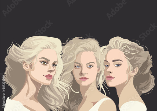 Group portrait of a three beautiful blonde girls with various ed hairstyles.