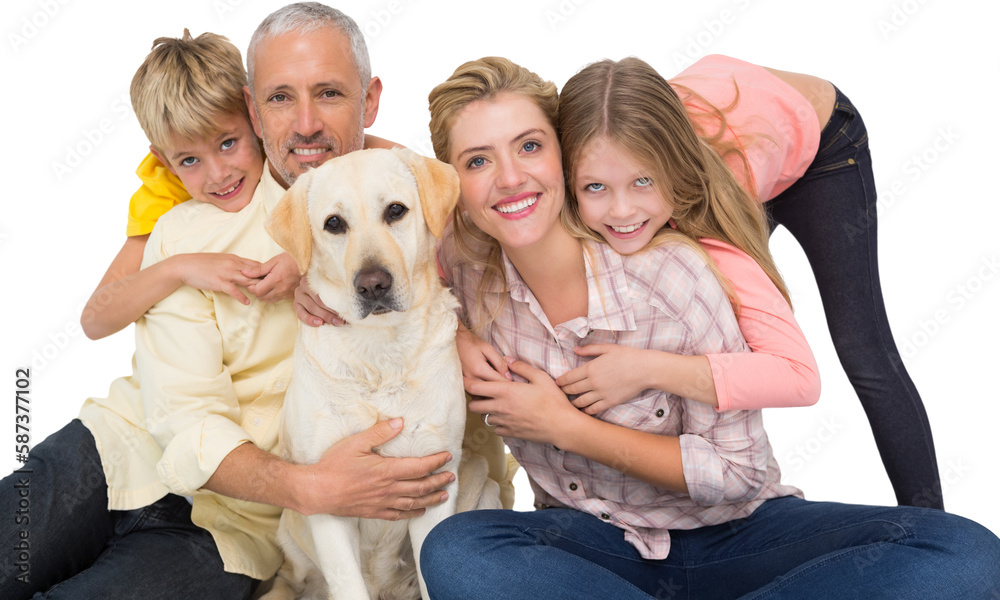 Family with labrador retriever against white background Family with labrador retriever against white background