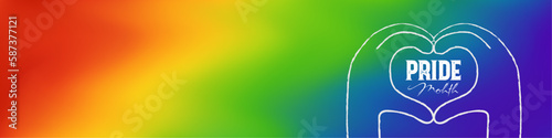 Abstract background with rainbow gradient in the colors of the LGBT pride flag. Vector banner for pride month with heart-shaped hands and brush stroke. A symbol of pride and June support. Vector.