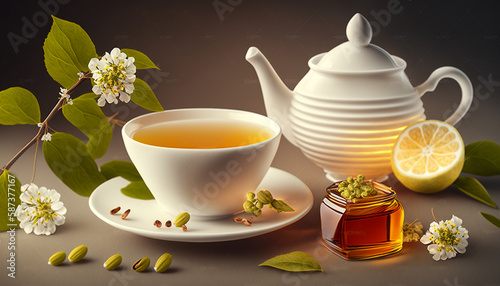 linden tea honey lemon on a dark background. Generative AI