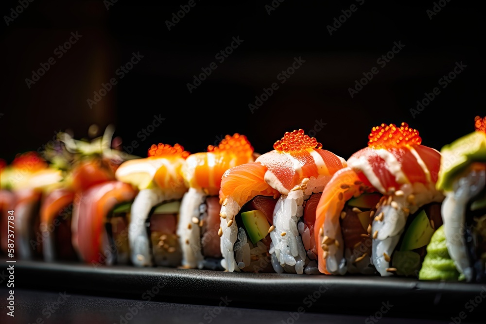 A close up of sushi rolls with vibrant.Generative AI