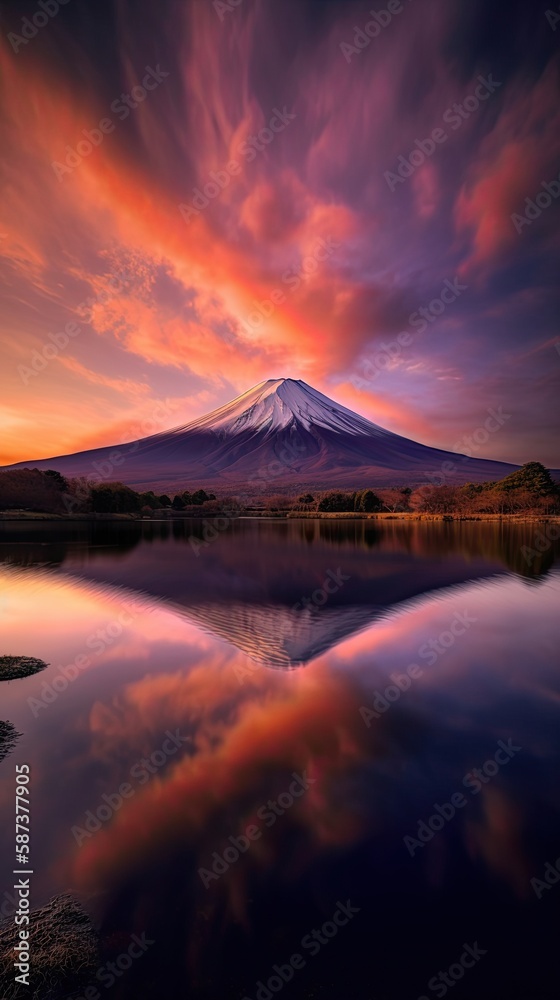 view of mount fuji in japan, view ofer lake during sunset, generative ai