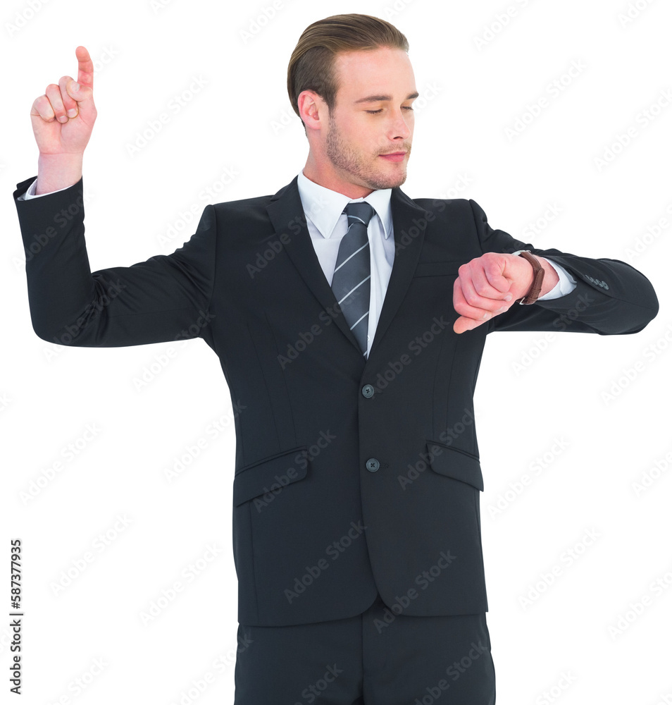 Businessman man checking time pointing up with finger Businessman man checking time pointing up with finger
