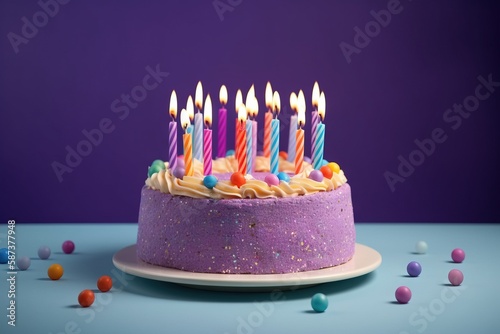  a birthday cake with lit candles on a blue surface with confetti around it and a purple background with a purple backdrop and a purple backdrop.  generative ai