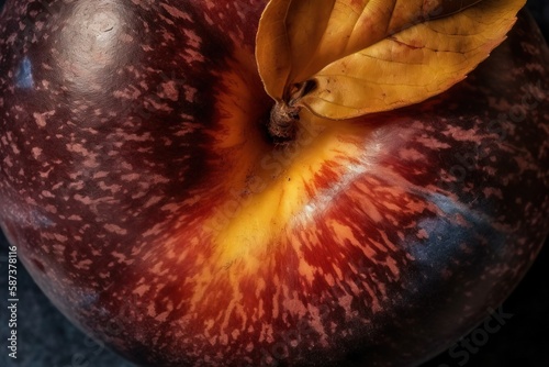  a close up of a red and yellow apple with a leaf on it's end and a black background with a white spot in the middle. generative ai