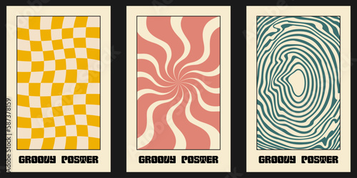 Groovy hippie 70s vector backgrounds set. Chessboard and twisted patterns. Backgrounds in trendy retro trippy style.Twisted and distorted vector texture in trendy retro psychedelic style