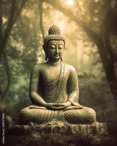 buddha statue on a rock in the garden  generative ai