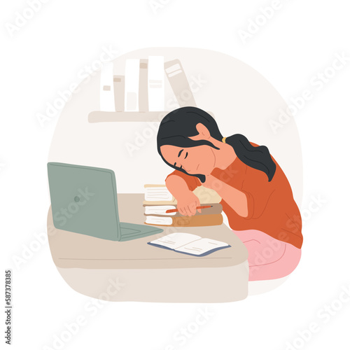 Sleeping isolated cartoon vector illustration. Teenage girl sleeping when doing homework, tired of school subject studying, adolescent education problem, concentration loss vector cartoon.
