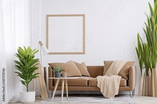 living room background with mock up poster frame. Generative Ai 