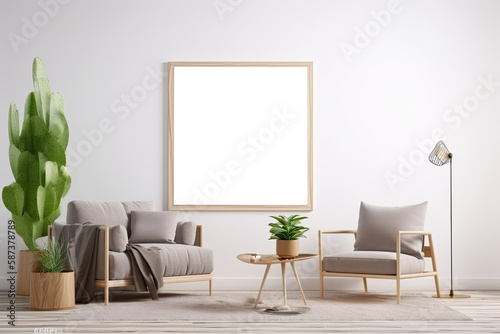 living room background with mock up poster frame. Generative Ai 