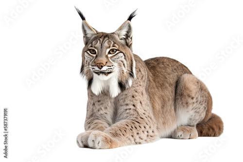 Lynx isolated on white background. PNG. Beautiful wild cat in nature. Cute animal with spotted orange fur. Beast of prey. Digital ai art