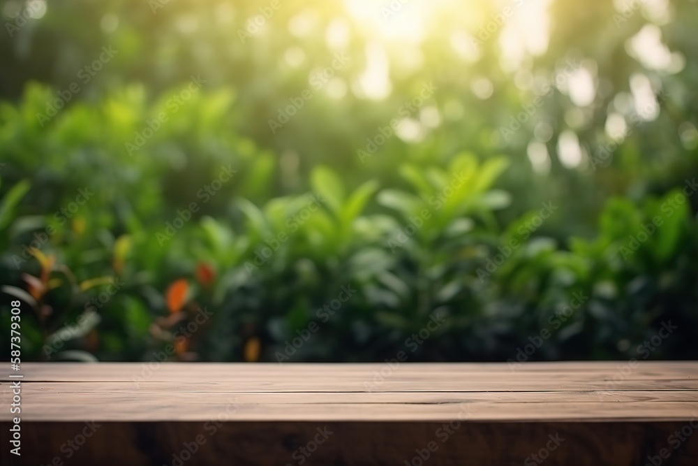 empty wooden table top with blurred plants background. Place for your text. AI generated