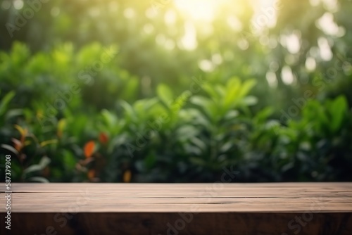 empty wooden table top with blurred plants background. Place for your text. AI generated