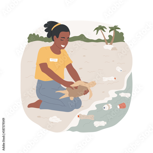 Sea turtle saving isolated cartoon vector illustration. Volunteer teenage girl holding and taking care of sea turtle on beach, water pollution problem, wildlife conservation vector cartoon.