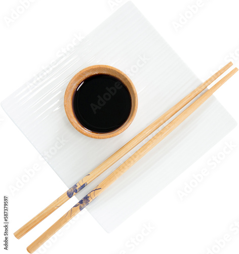 Close up of chopsticks with soya sauce
