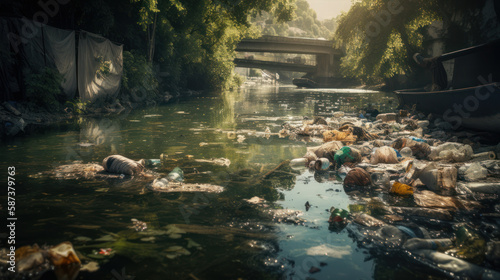 Rivière polluée par de nombreux déchets qui flottent sur l'eau, pollution industrielle