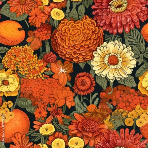 Trendy seamless background with Marigolds and zinnias. AI generated. photo