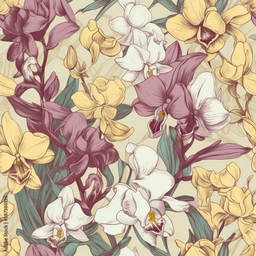 Trendy seamless background with Orchids and freesias.