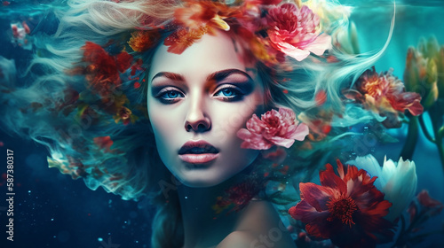 Under water portrait of beautiful woman with colourful flowers in hair. Generative AI.
