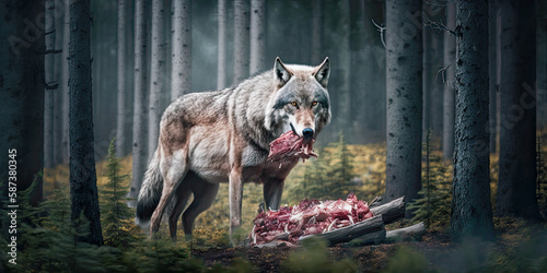 Grey wolf eating meat in the forest - Generative AI