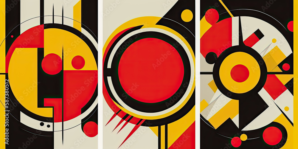 Abstract vector art in Bauhaus style with rectangles and circles in blue yellow and red colors - Generative AI Abstract vector art in Bauhaus style with rectangles and circles in blue yellow and red colors - Generative AI