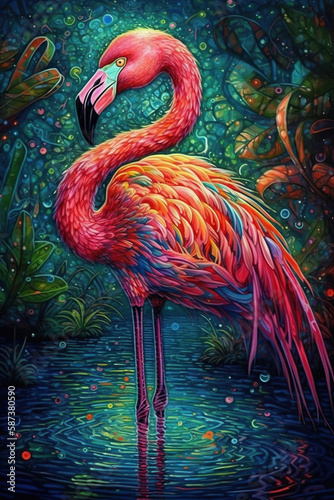 Pink Flamingo standing in water  Generative AI © gridspot