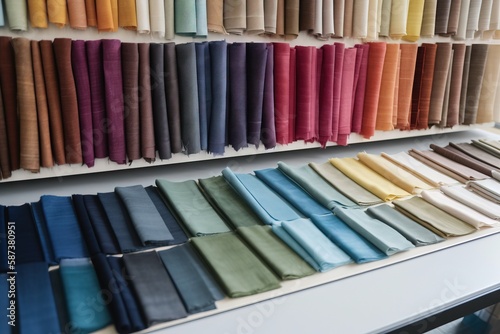  a row of different colored ties on a shelf next to a wall of folded ties in a store window display case with a variety of colors. generative ai