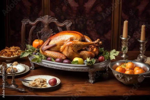  a turkey sitting on top of a table next to a bowl of fruit and a plate of food on a table next to a candle.  generative ai