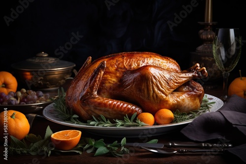  a roasted turkey on a plate with oranges and other thanksgiving foods around it on a table with a candle and other holiday foods on the table. generative ai