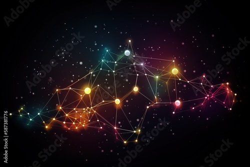  a colorful abstract background with lines, dots, and dots on a black background with a black background and a black background with dots and dots. generative ai