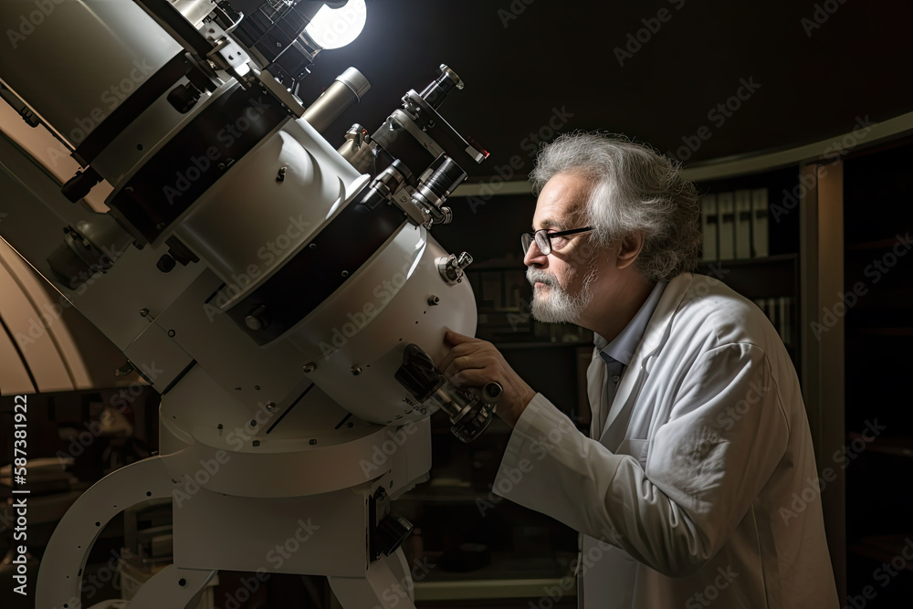 Generative Illustration Ai Of An Scientist Astronomer Looking Through A Generative Illustration Ai Of An Scientist Astronomer Looking Through A