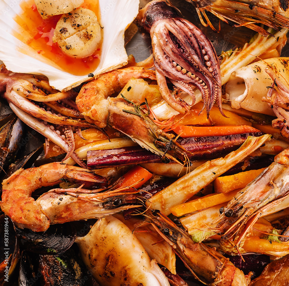 fresh shrimp, scampi, mussels, squid, octopus and scallops
