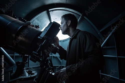 Valokuvatapetti Generative Illustration AI of an scientist astronomer looking through a telescop