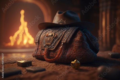 A leather bag and a hat located in a temple on fire - Generated by generative AI photo
