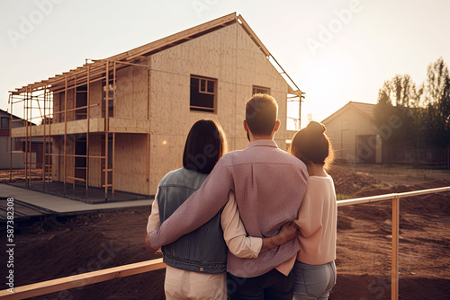 Generative AI Illustration of a couple with children looking at their new home. Concept about the acquisition of housing and the construction of a home for the family © Supermelon