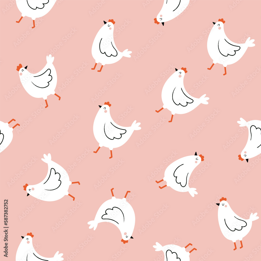 Seamless pattern with funny hand-drawn chickens on a light pink background. Seamless pattern with funny hand-drawn chickens on a light pink background.
