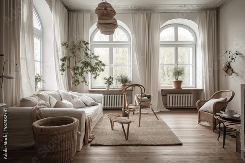 Vintage living room with drapes, fabric couch, and white beige rattan flooring. Parquet and arched window. Farmhouse decor,. Generative AI © AkuAku