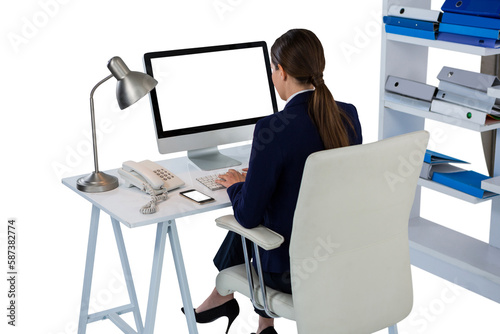 Rear view of businesswoman using computer 