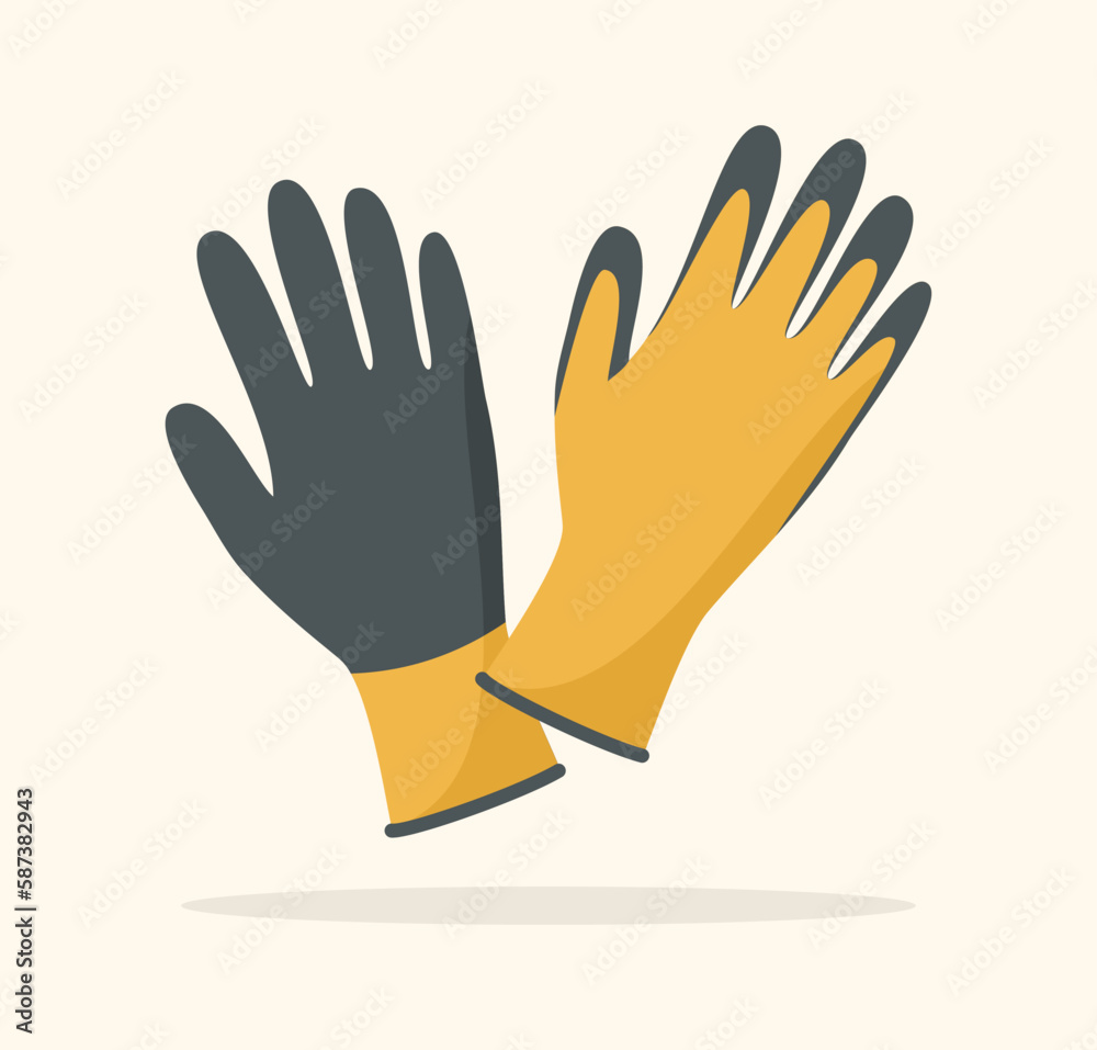 Obraz premium Protective rubber garden gloves in yellow and gray colors. Flat vector illustration