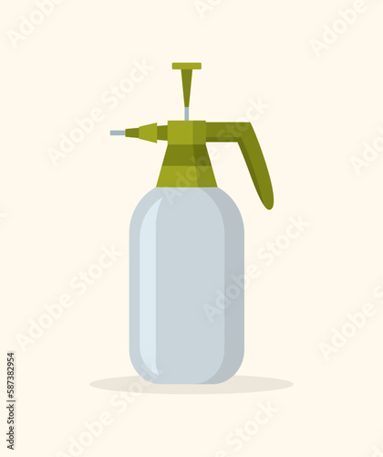 Garden hand pump sprayer. Portable pressure spray bottle on a beige background. Flat vector illustration