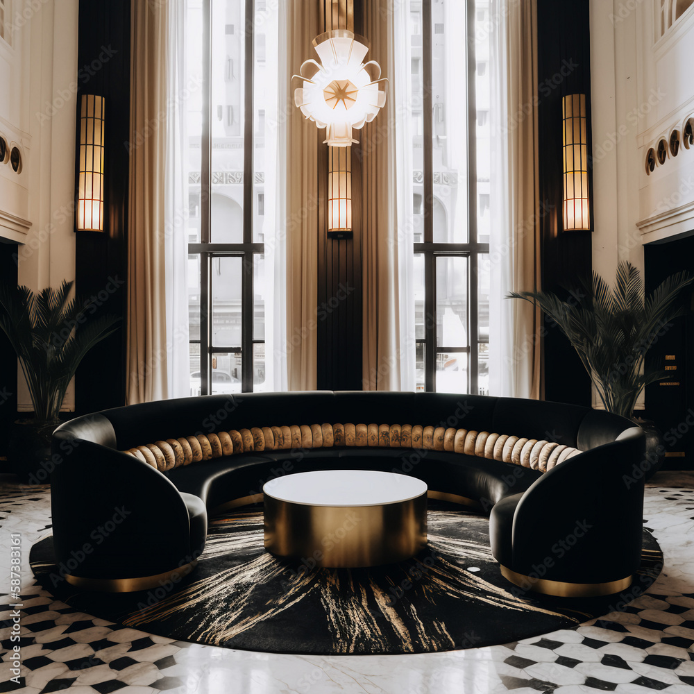 Editorial Style photo High angle Art Deco Lounge Curved Sofa Velvet