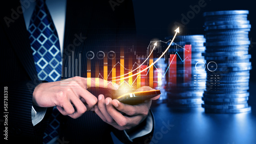 Foto Businessman analyst working with digital finance business data graph showing technology of investment strategy for perceptive financial business decision