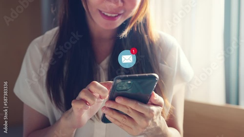 B roll - Woman hands using smartphone with 1 new email alert sign icon pop up. Online communication concept