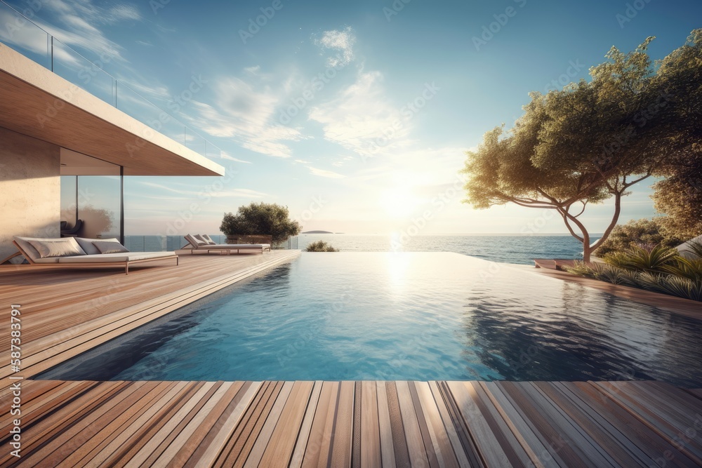wooden deck surrounding a pristine swimming pool with lounge chairs and umbrellas. Generative AI
