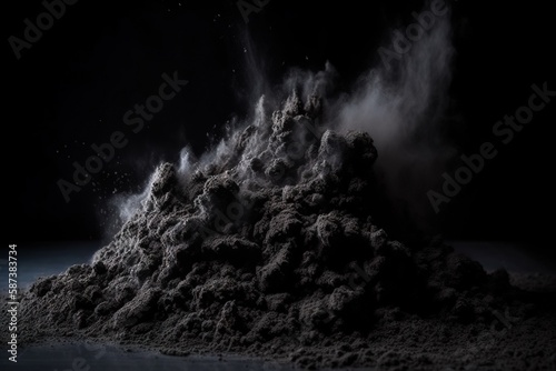  a pile of dirt on a black background with smoke coming out of the top of the pile and a star in the sky above it. generative ai