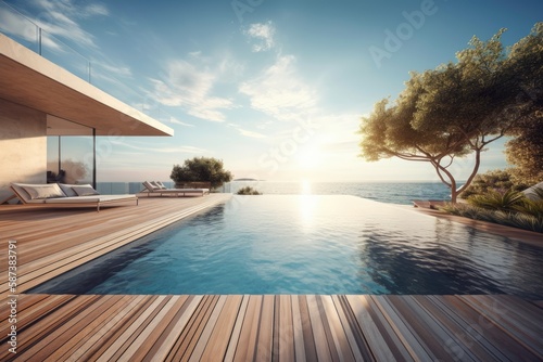 wooden deck surrounding a pristine swimming pool with lounge chairs and umbrellas. Generative AI © AkuAku