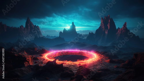 3d render, abstract neon background, mystical cosmic landscape. Generative Ai