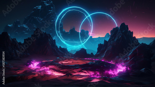 pink blue glowing ring over terrain, round frame, virtual reality. Generative Ai