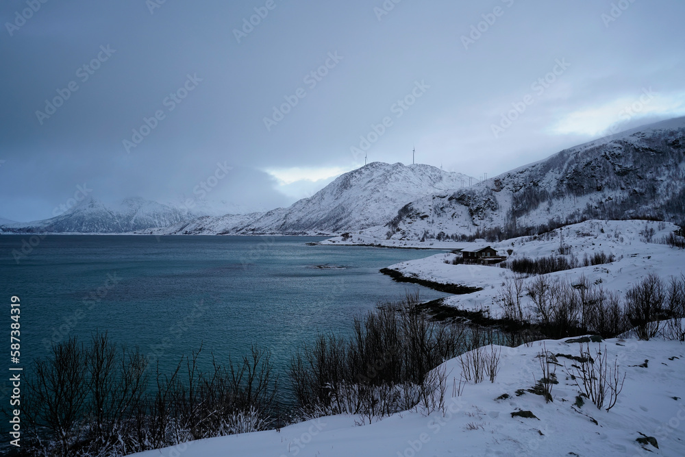 sea coastline snowy nature in tomso fjords